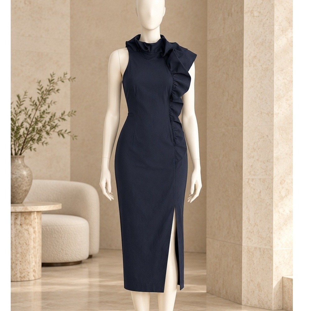 Keepsake Womens Dress Strapless Ruffle Front Slit Navy Blue XS
